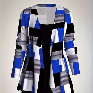 Women's Plus Size 2-in-1 Plaid Print Square Neck Long Sleeve ColorBlock Top 20W